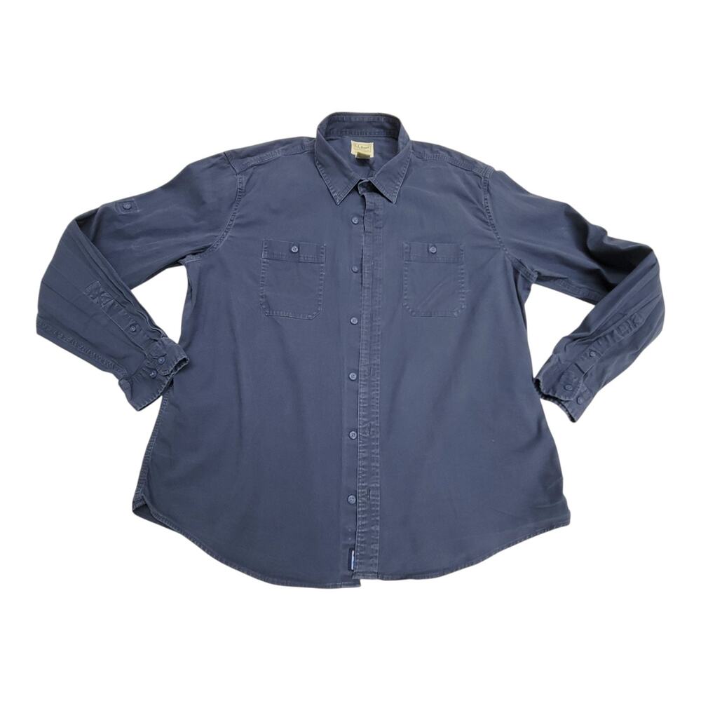 LL Bean Mens Large Regular Lakewashed Roll Tab Button Down Shirt Navy Blue